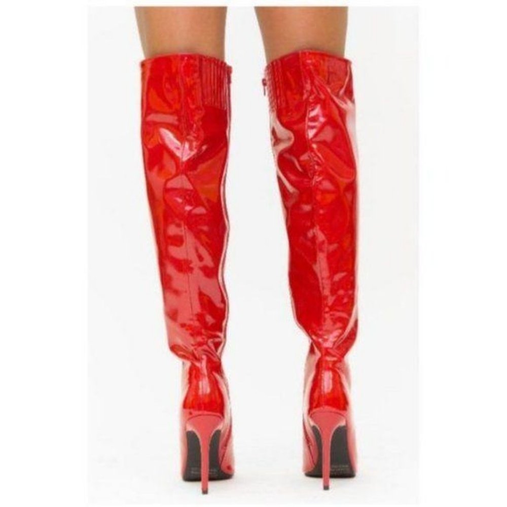 Red Patent Leatherette Knee Hi Boots - Picture 5 of 6